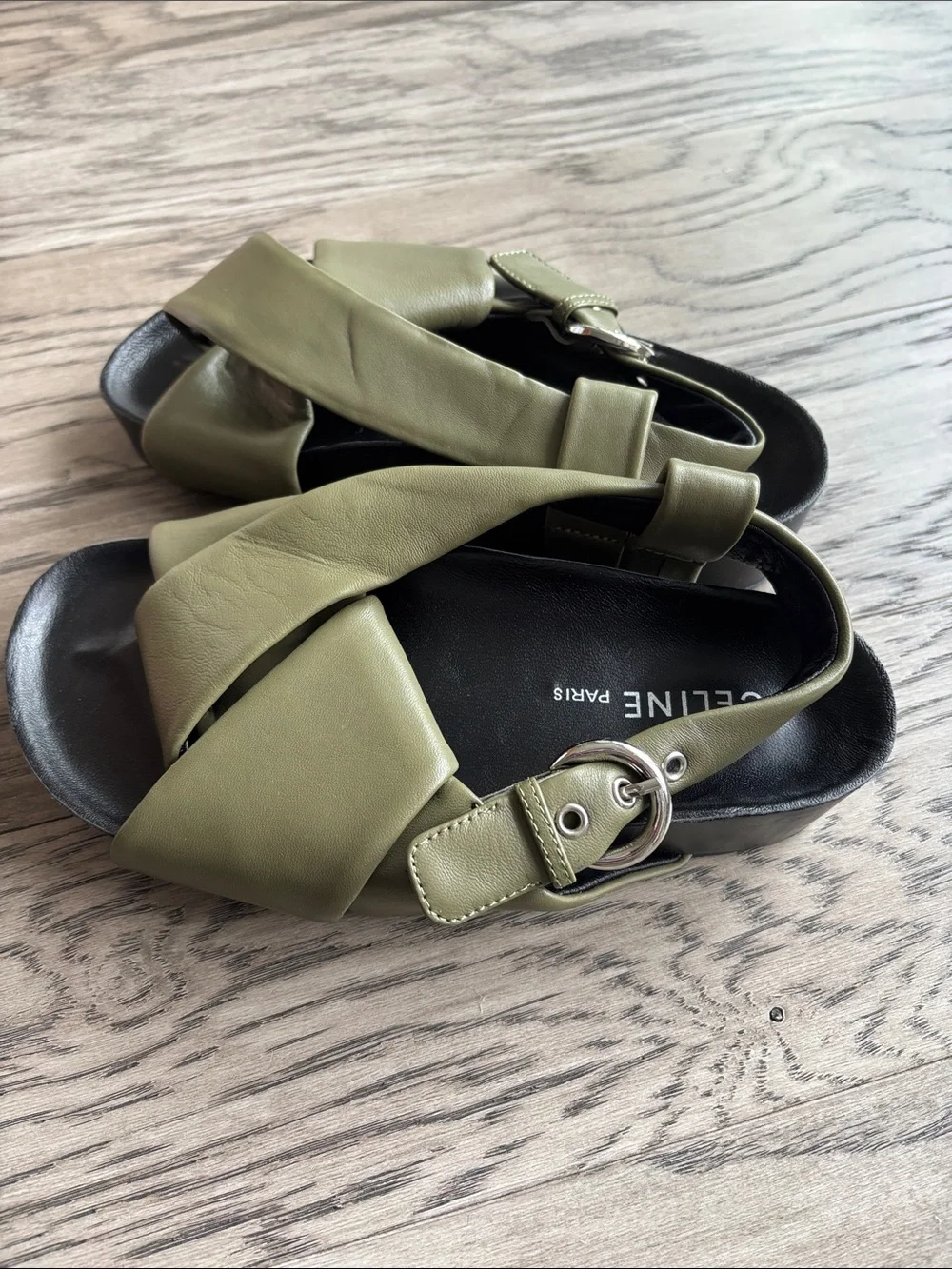 Celine Olive Green Leather Crisscross Slingback Sandals - Picture 4 of 8
